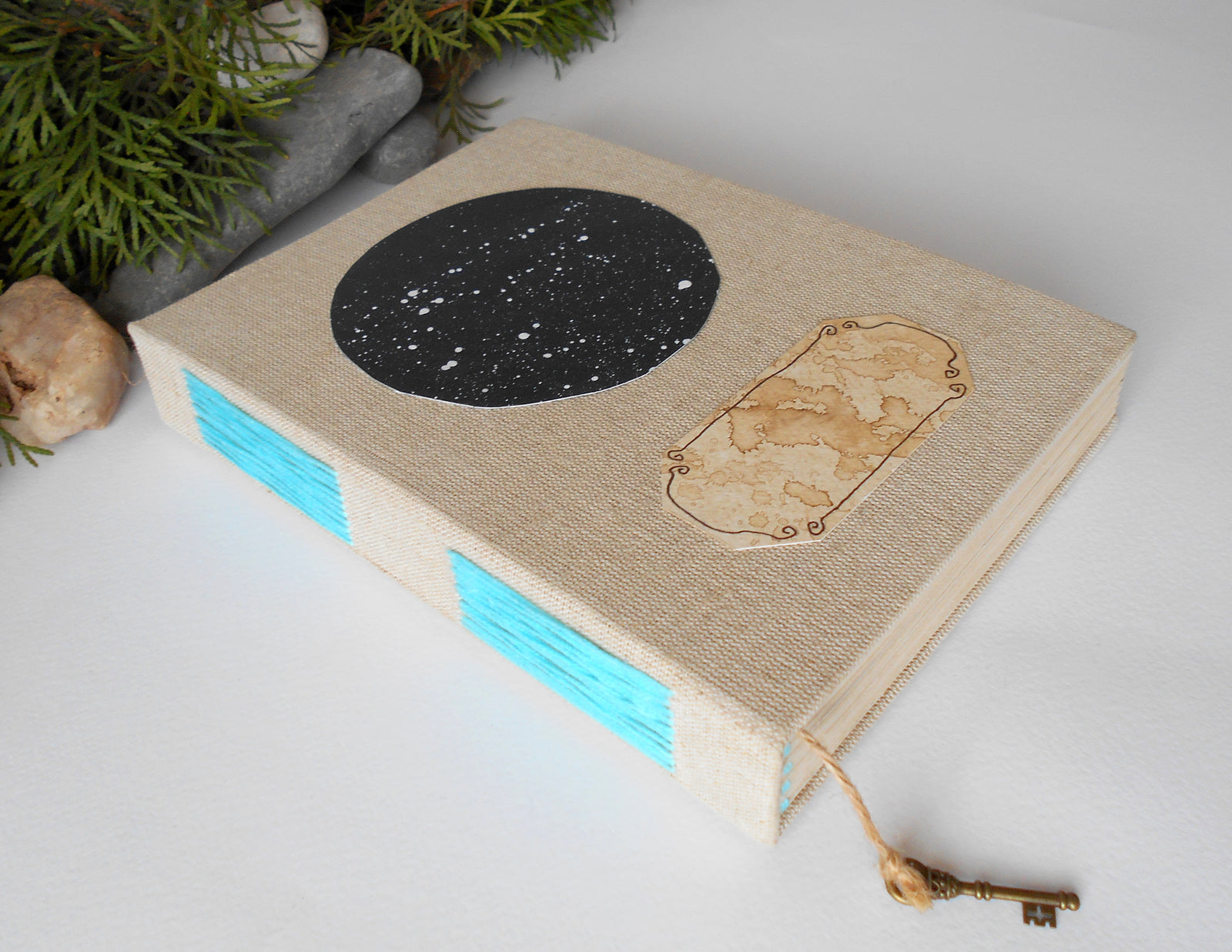 Handmade linen fabric journal with an Easter Island art 'What are those heads thinking?'- personalized sketchbook journal- 100% recycled pages