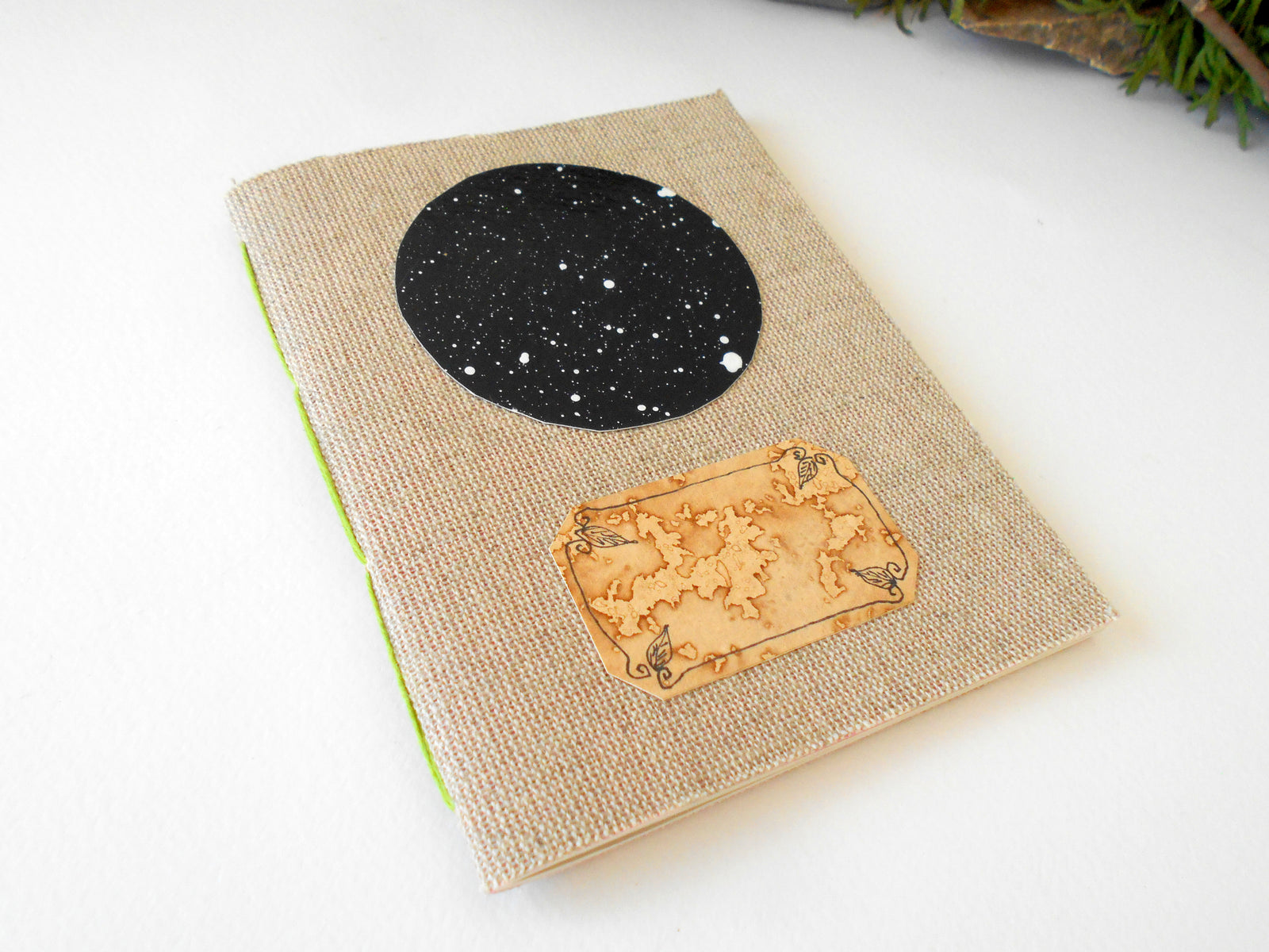 Art Star Sky Fabric notebook- Hemp cords- 100 recycled pages