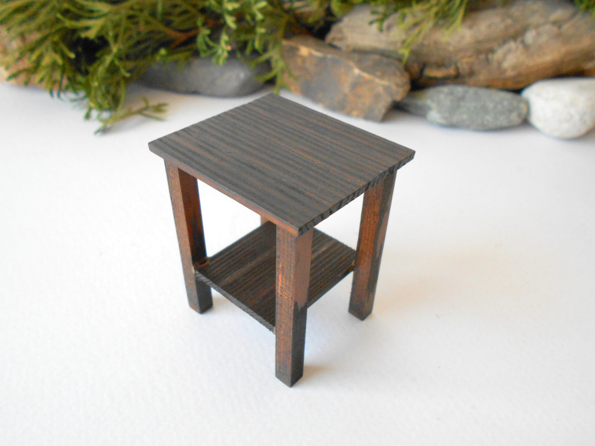 This is a Miniature&amp;nbsp;nightstand or plant stand table of wooden furniture that is approximately 1/12 in scale. I have stained the mini nightstand with an Italian eco-friendly mordant in dark brown.