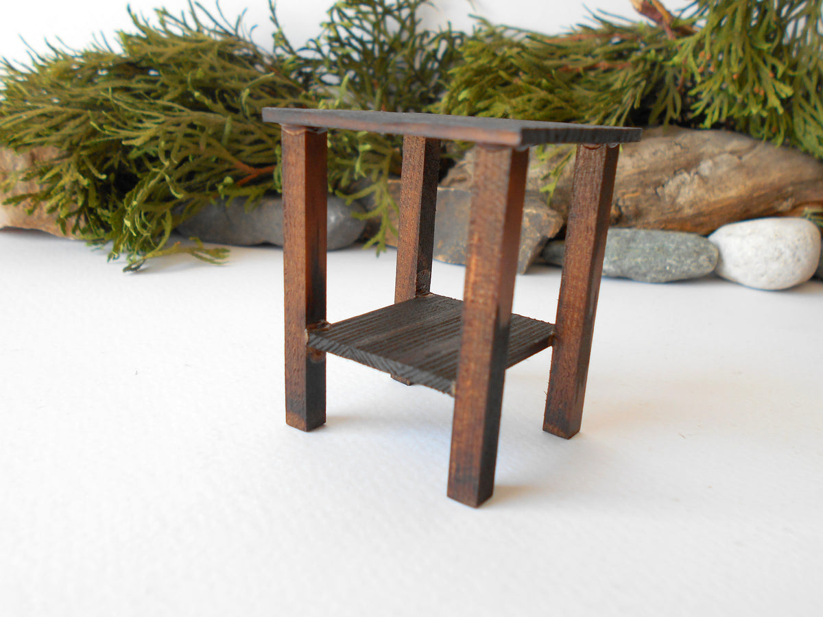 This is a Miniature&amp;nbsp;nightstand or plant stand table of wooden furniture that is approximately 1/12 in scale. I have stained the mini nightstand with an Italian eco-friendly mordant in dark brown.