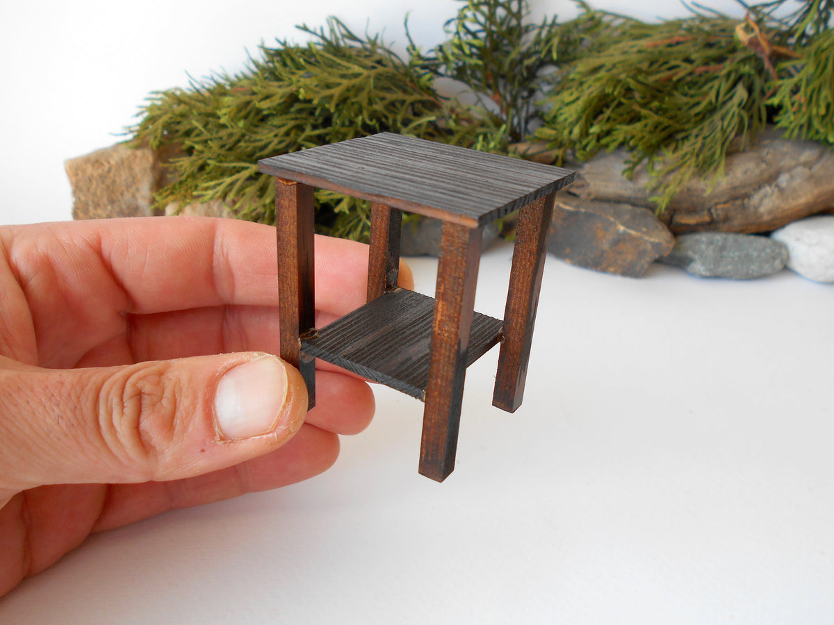 This is a Miniature&amp;nbsp;nightstand or plant stand table of wooden furniture that is approximately 1/12 in scale. I have stained the mini nightstand with an Italian eco-friendly mordant in dark brown.