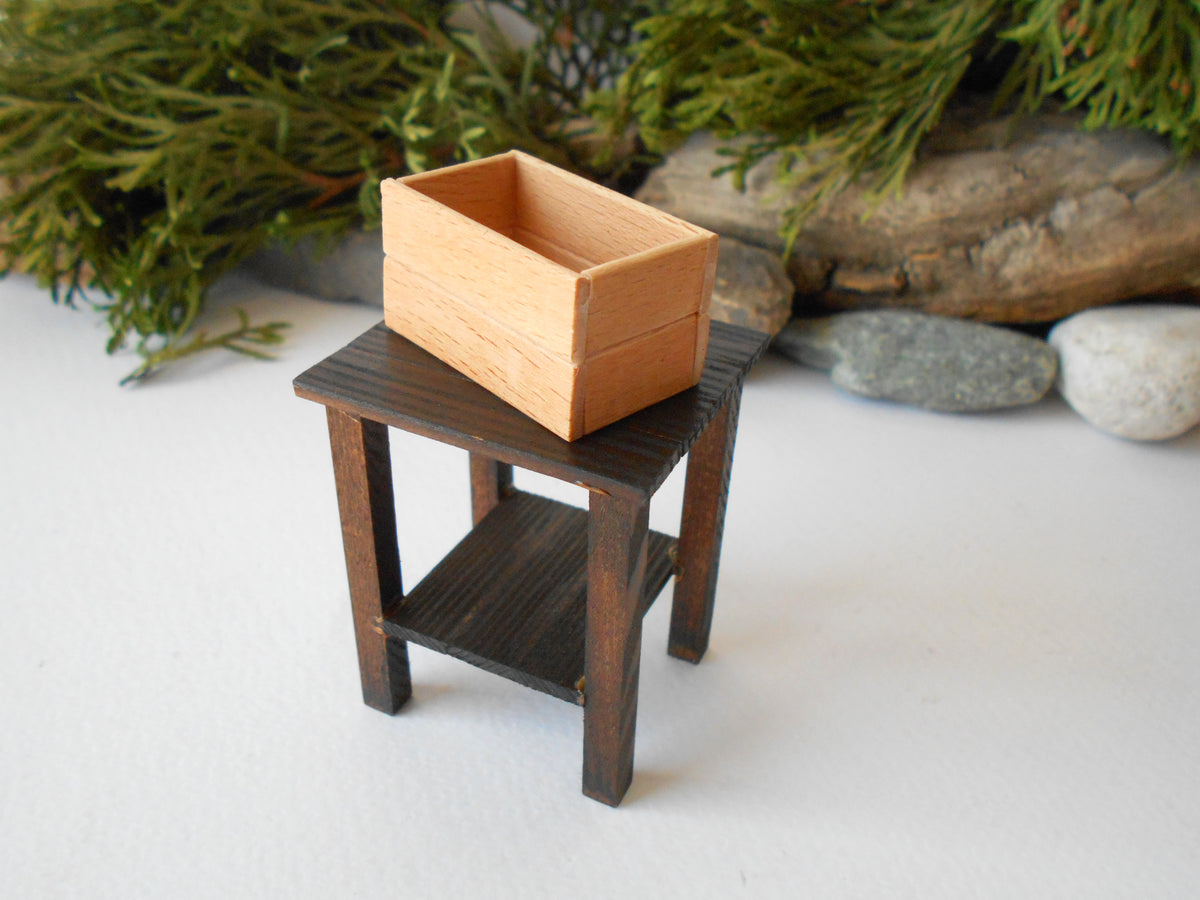 This is a Miniature&amp;nbsp;nightstand or plant stand table of wooden furniture that is approximately 1/12 in scale. I have stained the mini nightstand with an Italian eco-friendly mordant in dark brown.