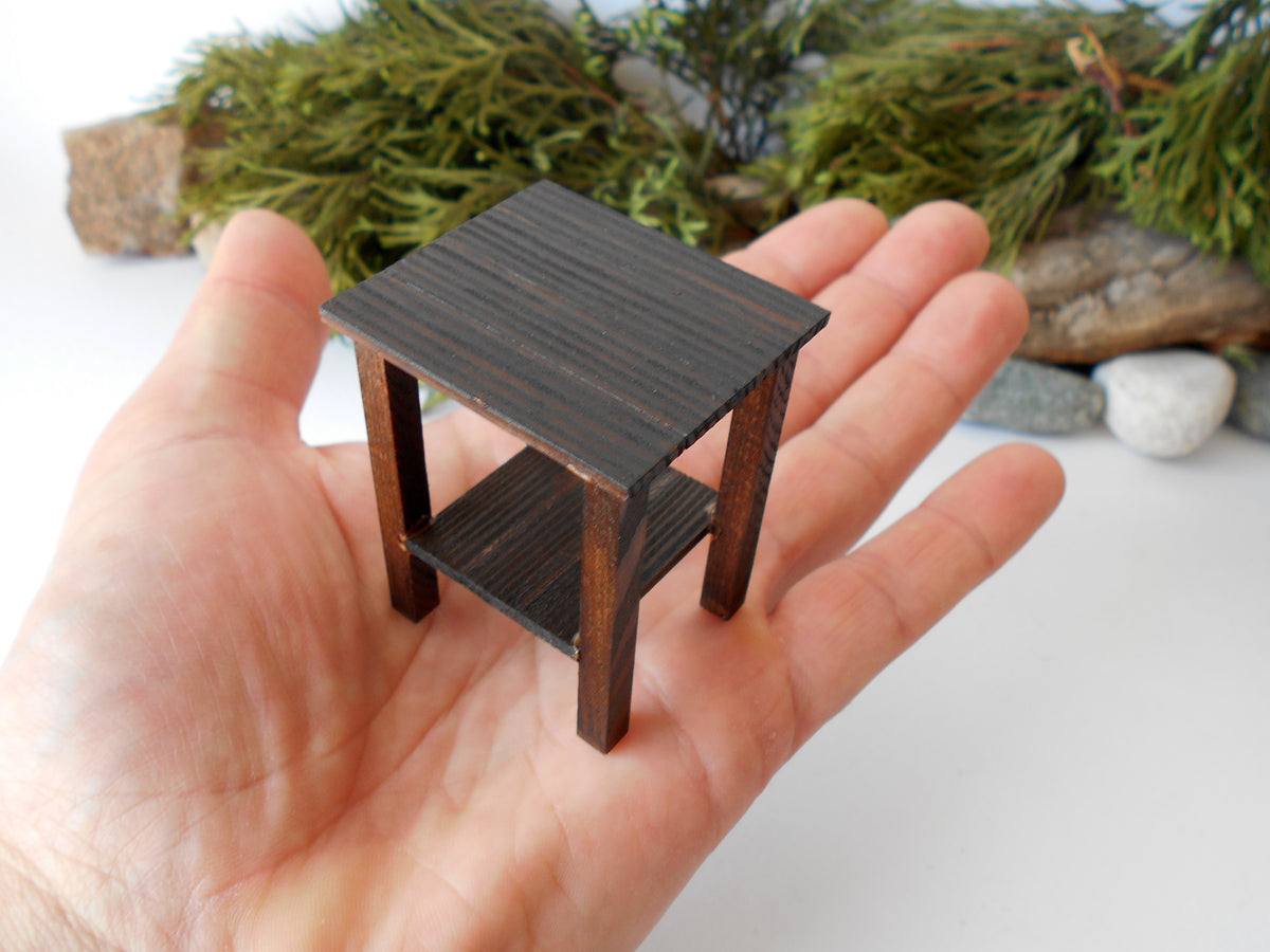 This is a Miniature&amp;nbsp;nightstand or plant stand table of wooden furniture that is approximately 1/12 in scale. I have stained the mini nightstand with an Italian eco-friendly mordant in dark brown.