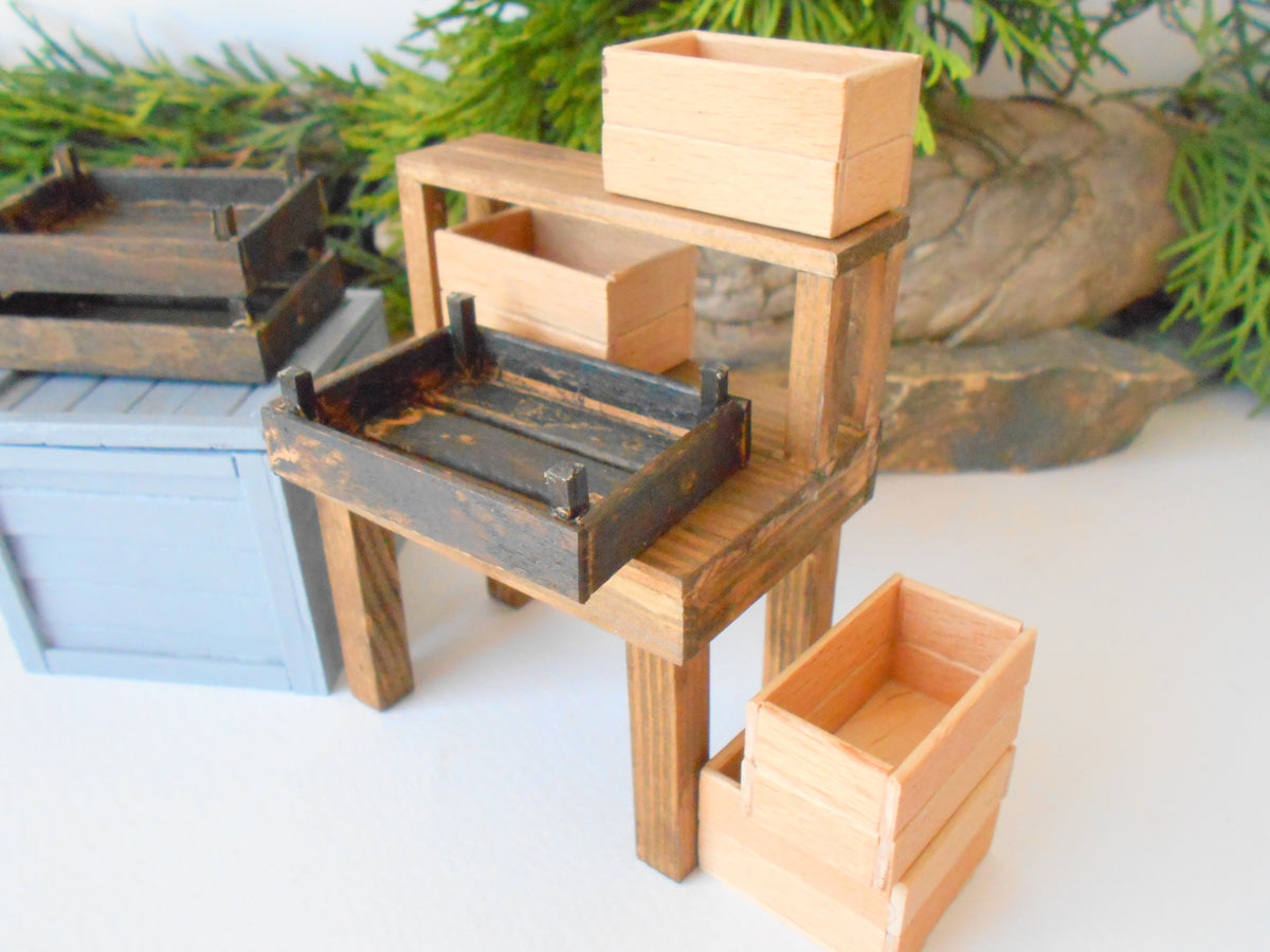 This is a handmade miniature wooden gardening table for miniature dollhouse conservatories on a 1/12th scale. I handmade this table on order with real pine wood boards and beams and with water-based eco-friendly glue. 