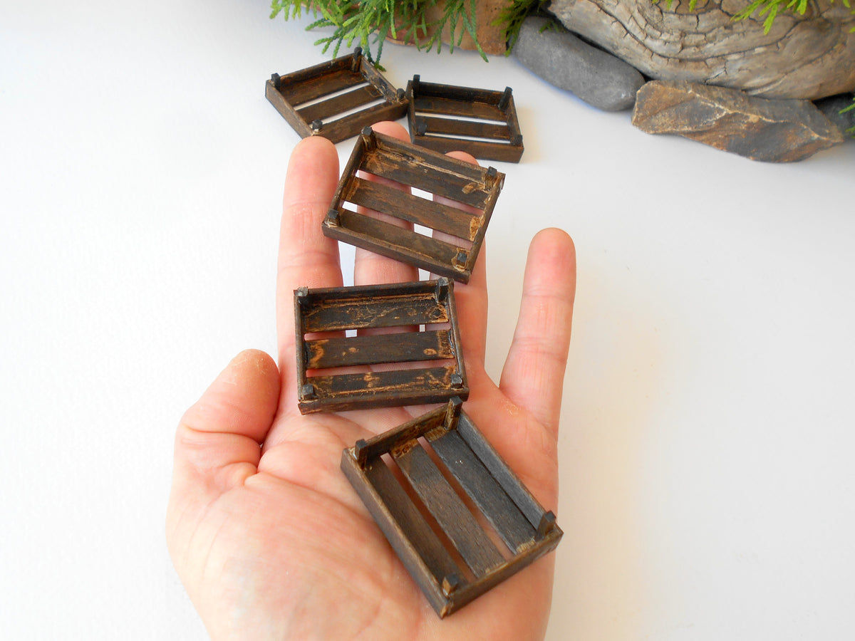 This is a set of 5 ( five ) handmade Dollhouse miniature wooden crates that are&amp;nbsp;1/12th in scale that I have crafted from reclaimed beech wood popsicle stick that I save from the landfill.