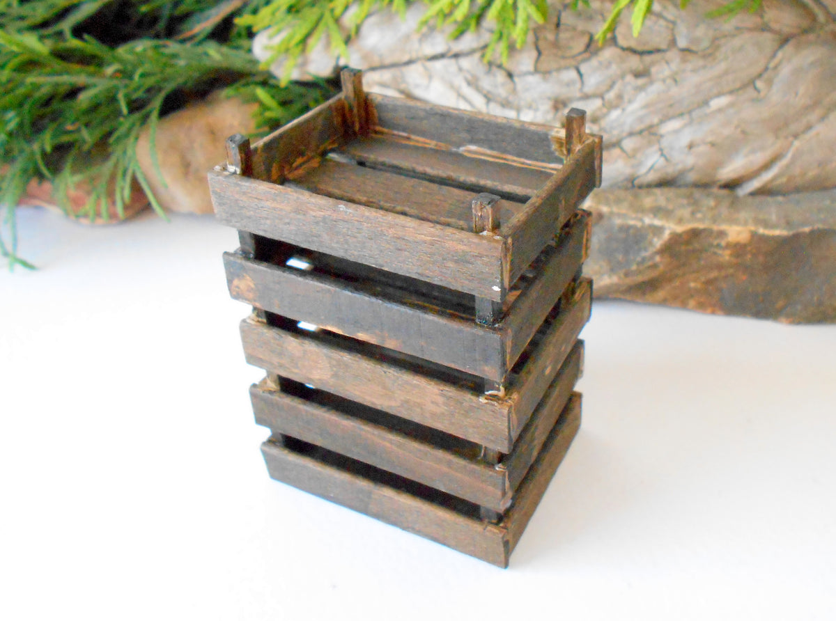 This is a set of 5 ( five ) handmade Dollhouse miniature wooden crates that are&amp;nbsp;1/12th in scale that I have crafted from reclaimed beech wood popsicle stick that I save from the landfill.