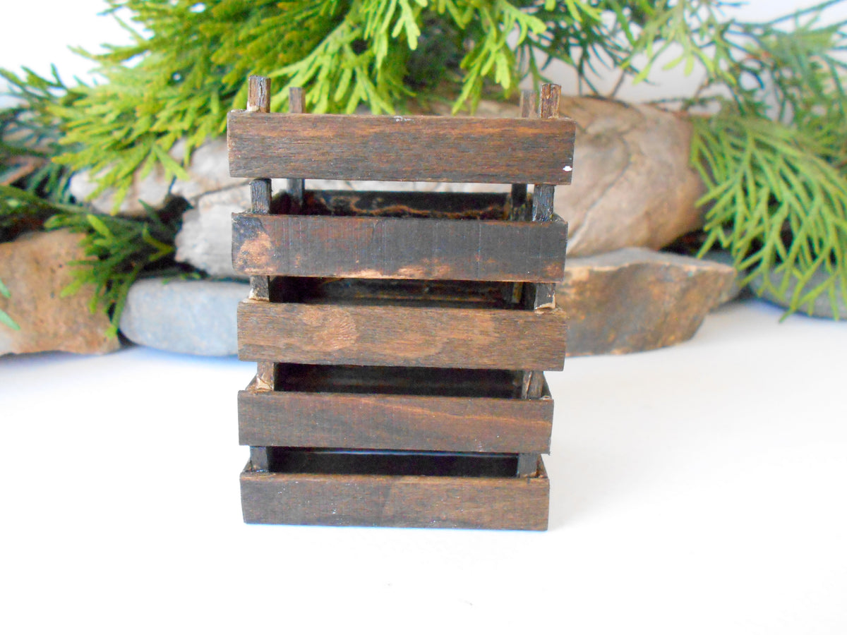 This is a set of 5 ( five ) handmade Dollhouse miniature wooden crates that are&amp;nbsp;1/12th in scale that I have crafted from reclaimed beech wood popsicle stick that I save from the landfill.