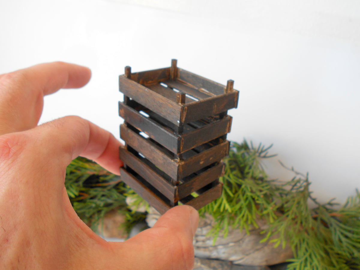 This is a set of 5 ( five ) handmade Dollhouse miniature wooden crates that are&amp;nbsp;1/12th in scale that I have crafted from reclaimed beech wood popsicle stick that I save from the landfill.