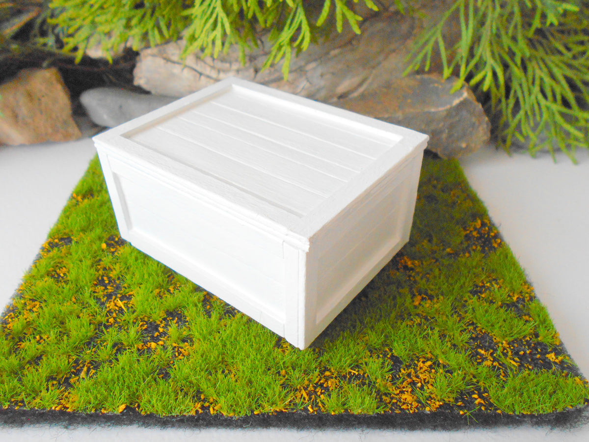 This is a miniature transporting box coffer that is approximately 1/12 in scale. The box coffer has 3 wooden boards in height and four boards in width on each side. This is a listing to purchase one such miniature box like the one you see from the pictures. I have painted the box in white with acrylic paint.&amp;nbsp;