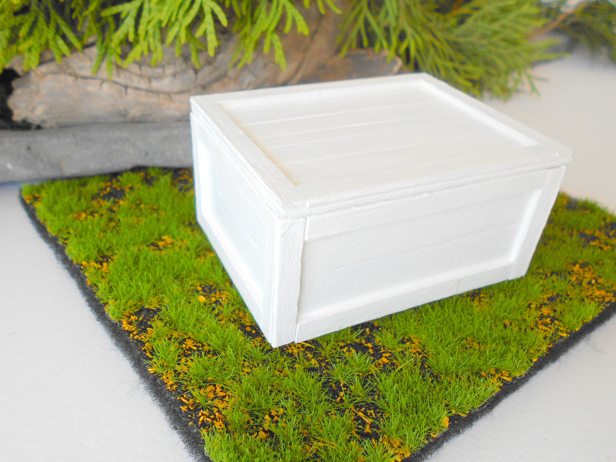 This is a miniature transporting box coffer that is approximately 1/12 in scale. The box coffer has 3 wooden boards in height and four boards in width on each side. This is a listing to purchase one such miniature box like the one you see from the pictures. I have painted the box in white with acrylic paint.&amp;nbsp;