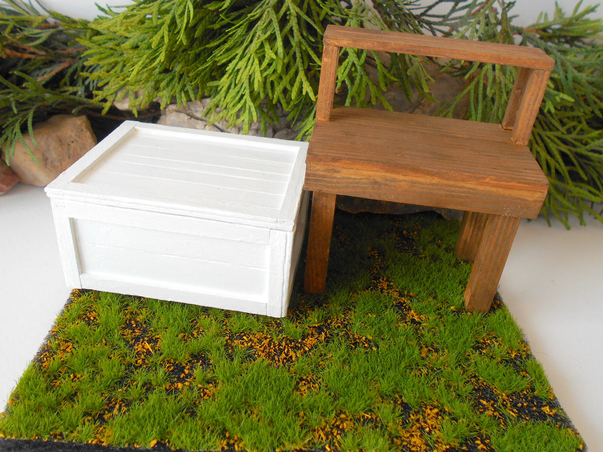 This is a miniature transporting box coffer that is approximately 1/12 in scale. The box coffer has 3 wooden boards in height and four boards in width on each side. This is a listing to purchase one such miniature box like the one you see from the pictures. I have painted the box in white with acrylic paint.&amp;nbsp;