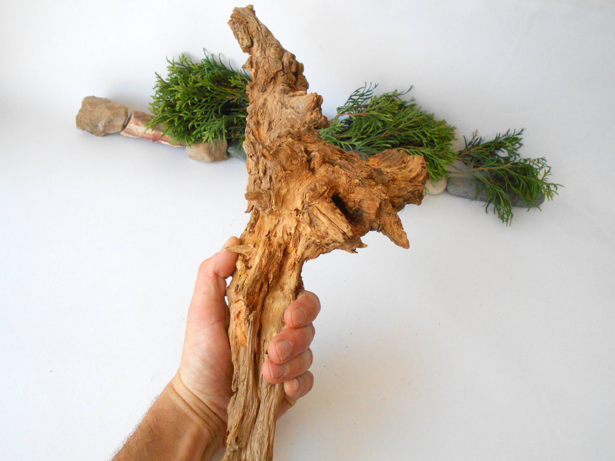 This is a naturally formed driftwood with a unique surface formed in a forest in the Rhodopes Mountain in Southern Europe- country Bulgaria. This piece of wood has been formed for many years and time has exposed the inner parts of the old tree wood. It is an old tre trunk with some roots that became a driftwood.