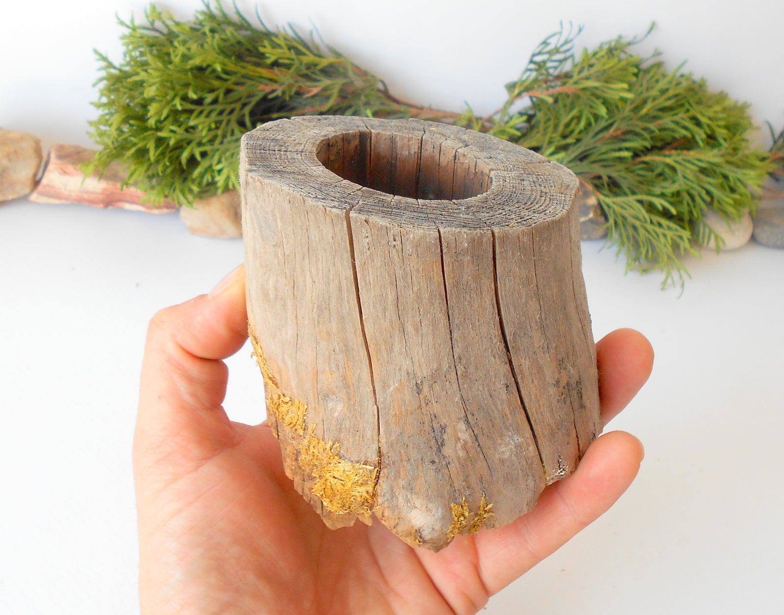 This is a naturally formed driftwood with a unique surface formed in a forest in the Rhodopes Mountain in Southern Europe- country Bulgaria. This piece of wood has been formed for many years and time has exposed the inner parts of the old tree wood. It is an old tre trunk with some roots that became a driftwood.  Size: about 4.5' x 3.5'' x 3''-&nbsp; 12 x 9 x 7.5 cm.&nbsp;