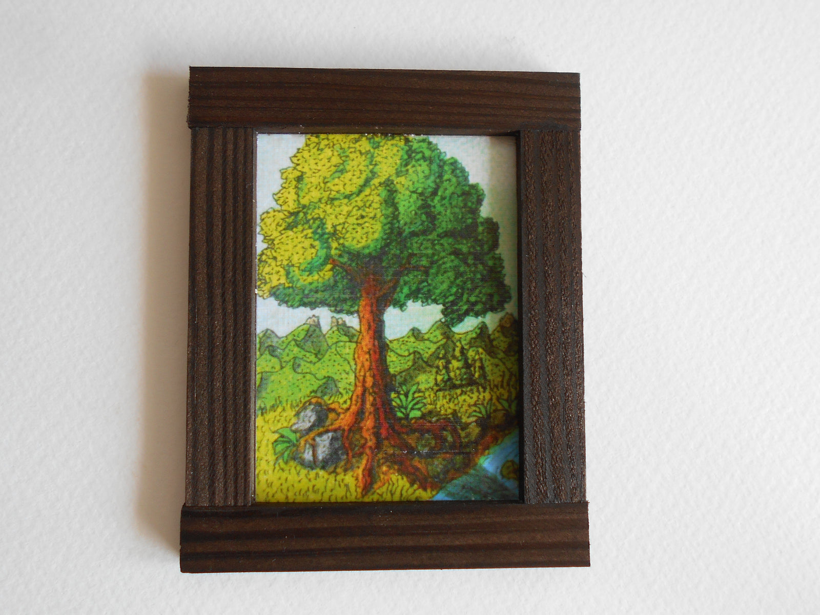 Handmade wooden framed miniature artwork painting for dollhouse decoration with an art of an oak tree and a mountain landscape by ExiArts eco-friendly company from Bulgaria.