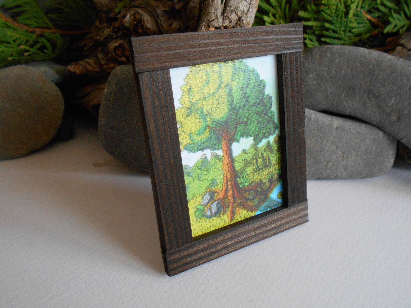Handmade wooden framed miniature artwork painting for dollhouse decoration with an art of an oak tree and a mountain landscape by ExiArts eco-friendly company from Bulgaria.