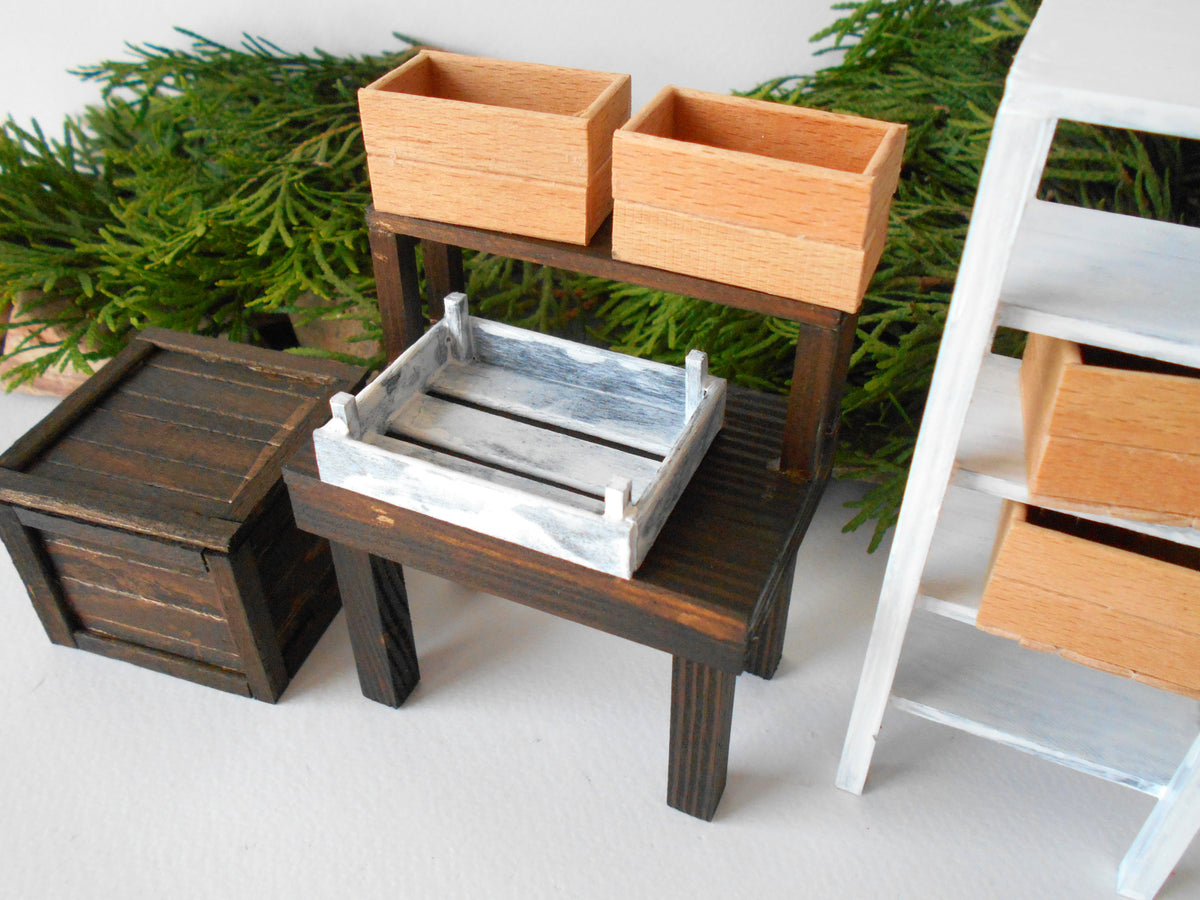 This is a handmade miniature wooden gardening table for miniature dollhouse conservatories on a 1/12th scale. I handmade this table on order with real pine wood boards and beams and with water-based eco-friendly glue. The table has mini shelving on the top desk to have more space for mini planters or mini gardening tools.