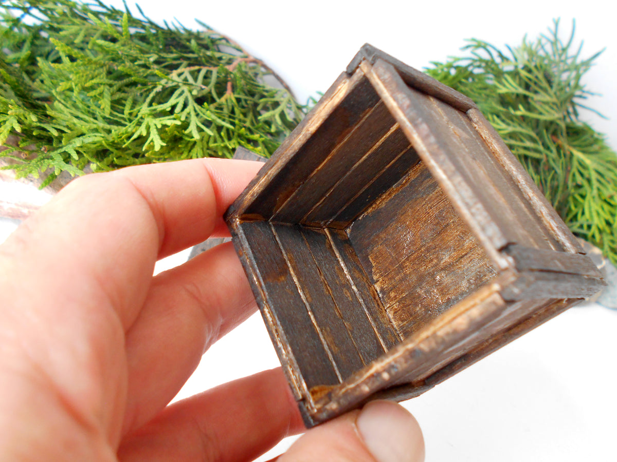 This is a miniature transporting box coffer that is approximately 1/12 in scale. The box coffer I have crafted from reclaimed beech wood popsicle sticks that I saved from the landfill.