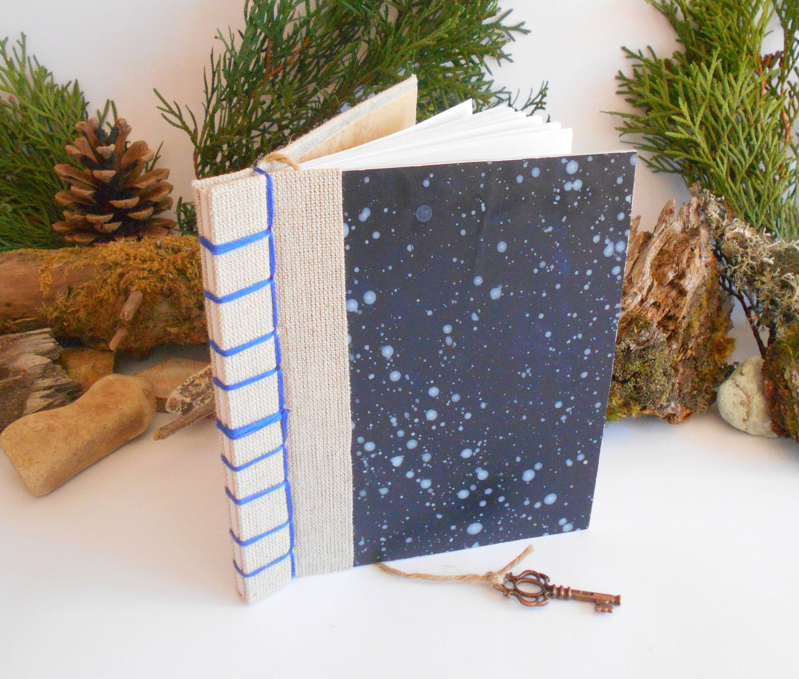 Travel journal with star sky art and linen fabric hard covers- 100% recycled pages- Hemp cord binding- eco-friendly wedding book