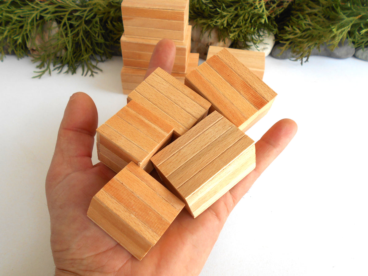 A hand holding several small rectangular wooden miniature boxes with visible wood grain, with more boxes stacked in the background against a white surface and greenery at the top.