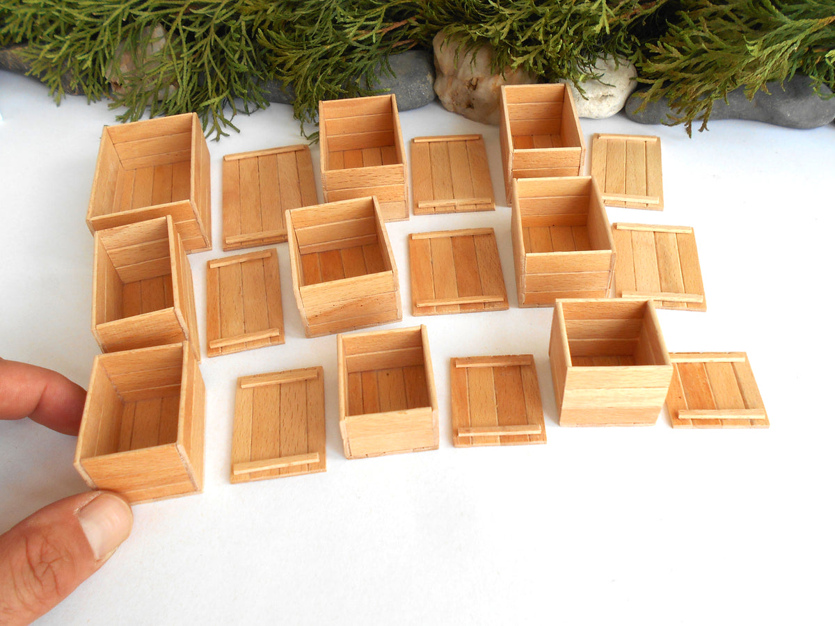 A set of miniature light brown wooden boxes and crates, including some with lids, displayed on a white surface with green foliage in the background. A hand is visible holding one of the boxes on the left.