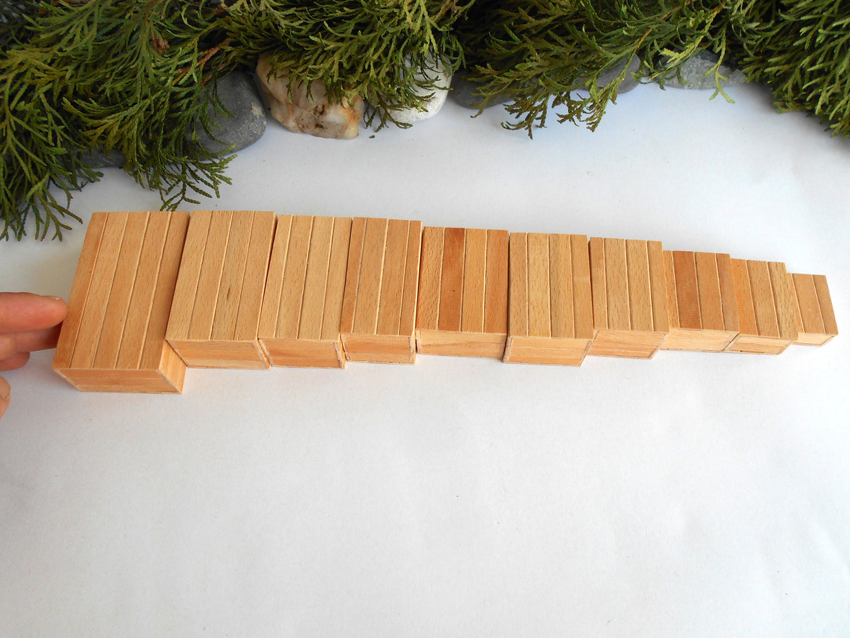 A set of light natural wood rectangular miniature boxes arranged in a staggered row on a white surface, with a hand holding the leftmost block and green foliage at the top of the frame.