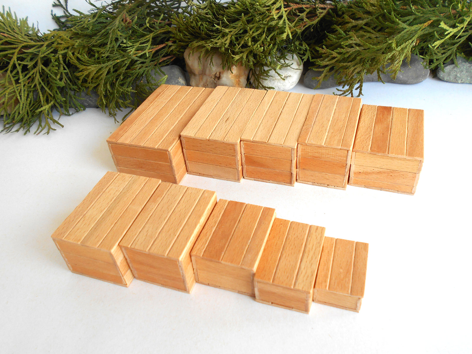 A set of natural light wood rectangular miniature boxes arranged in two rows on a white surface, with green foliage and small stones in the background.