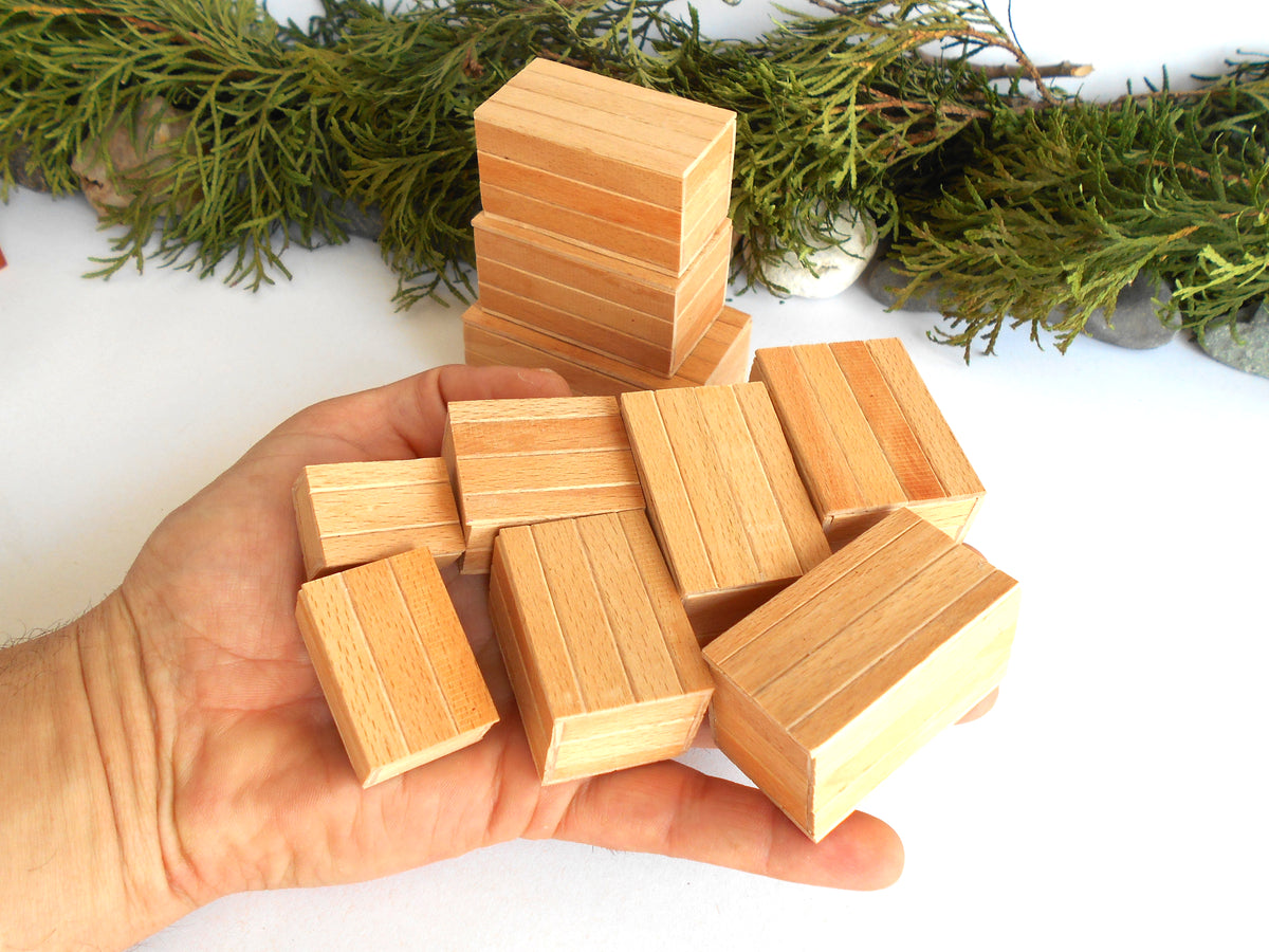 A hand holding a stack of small rectangular wooden miniature boxes with visible wood grain, photographed against a white background with greenery at the top.