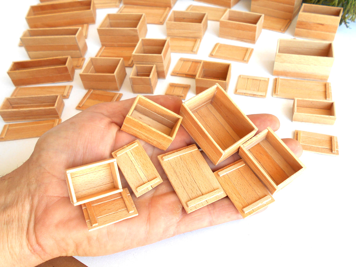Miniature wooden box set of 23 different standart sizes - 1:12 scale dollhouse accessories - made to order beech wood miniature boxes with lids - Set Number 27