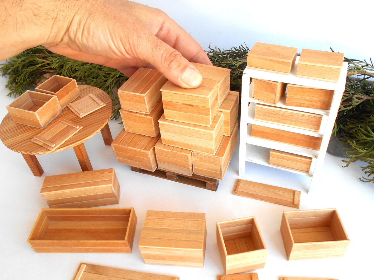 Miniature wooden box set of 23 different standart sizes - 1:12 scale dollhouse accessories - made to order beech wood miniature boxes with lids - Set Number 27