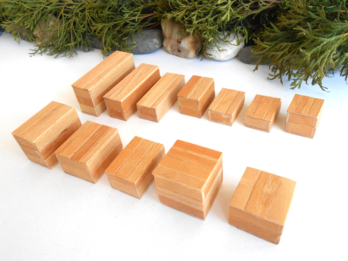 A set of small rectangular wooden miniature boxes in various sizes, arranged on a white surface with green foliage and small stones in the background.