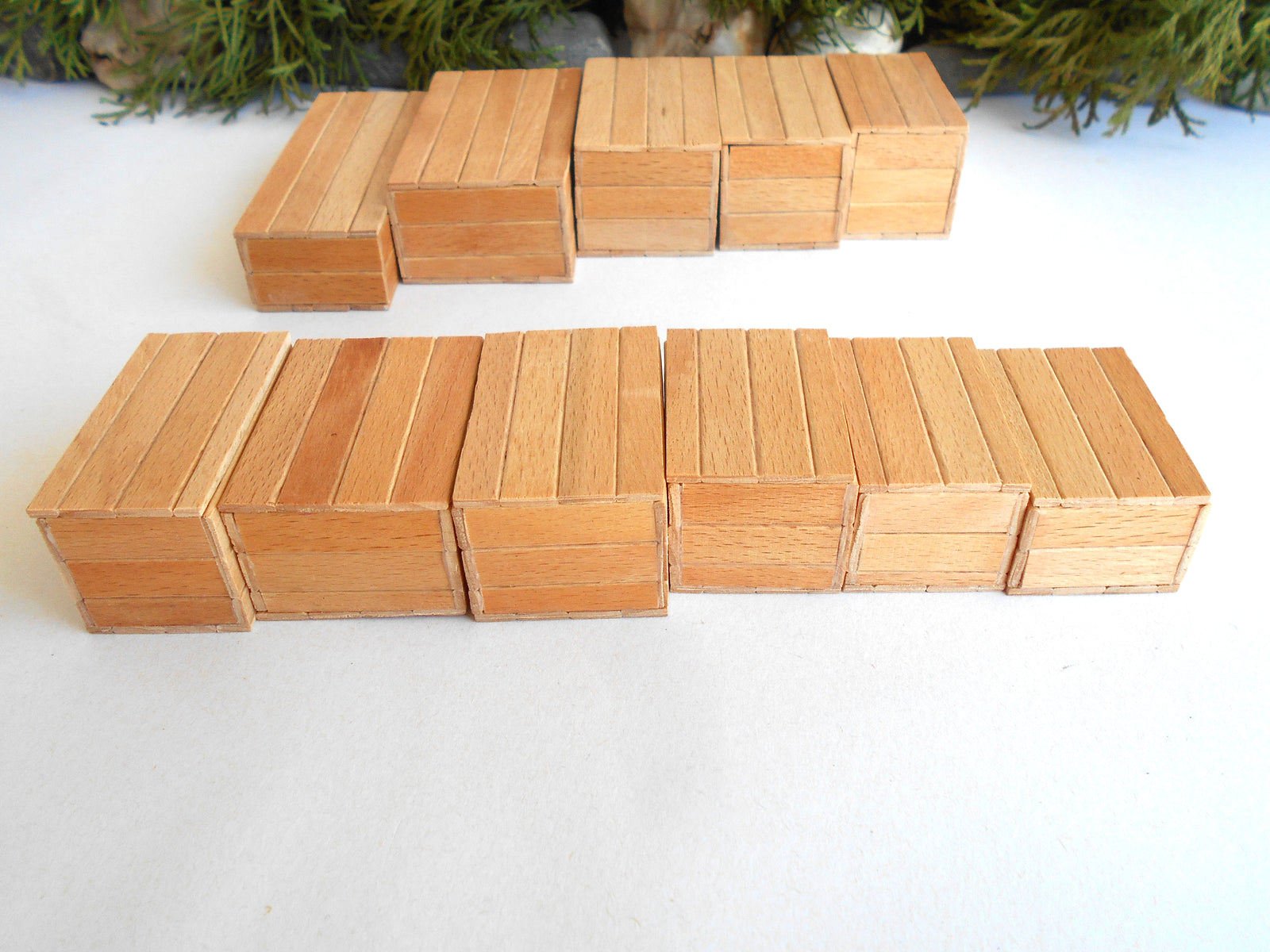 A set of miniature wooden miniature boxes arranged in two rows on a white surface, with some green foliage visible in the background.