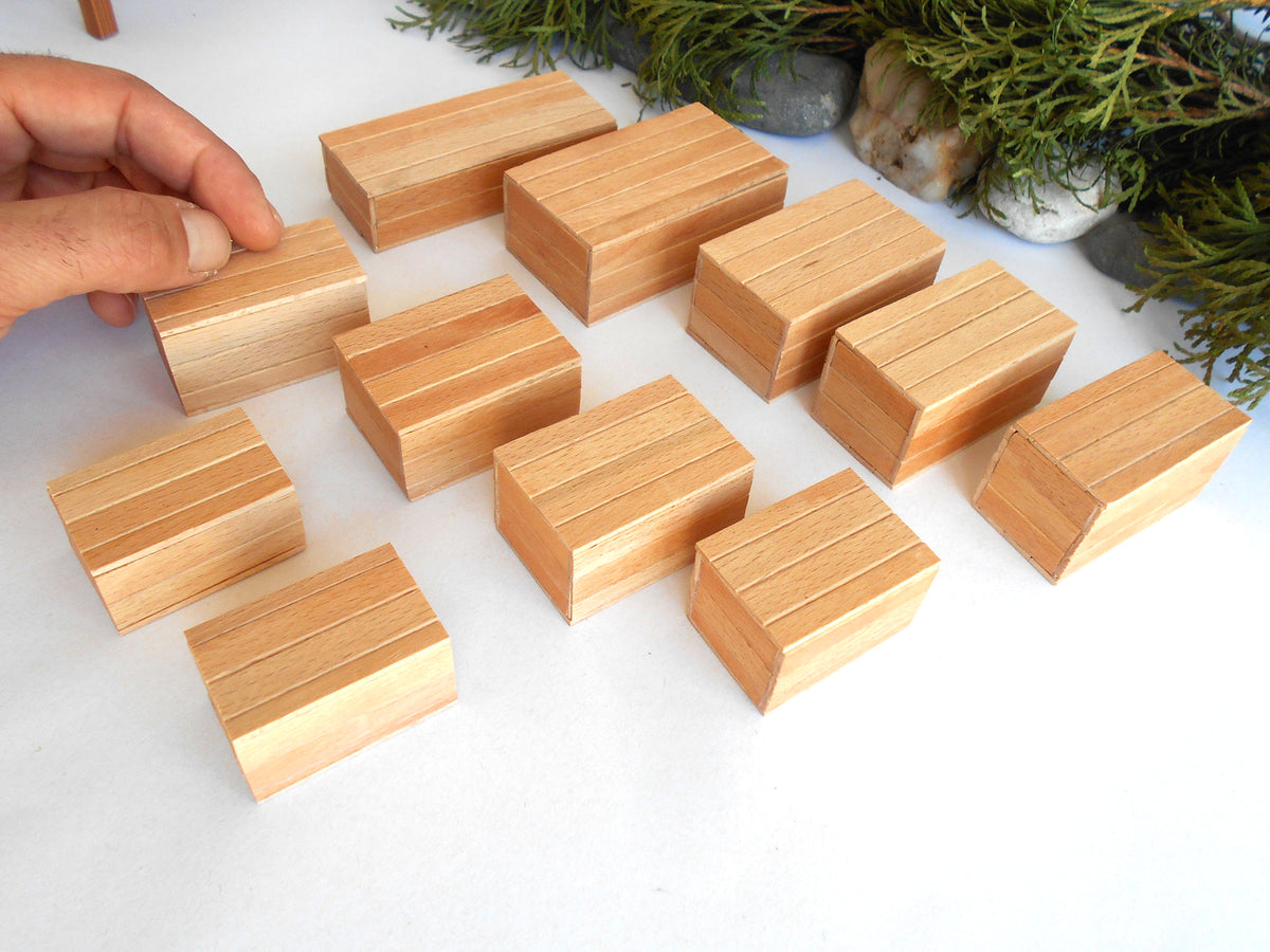 Miniature wooden box set of 11 different standard size - 1:12 scale dollhouse accessories - sellection of bigger ones - beech wood miniature boxes with lids - Set Number 28
