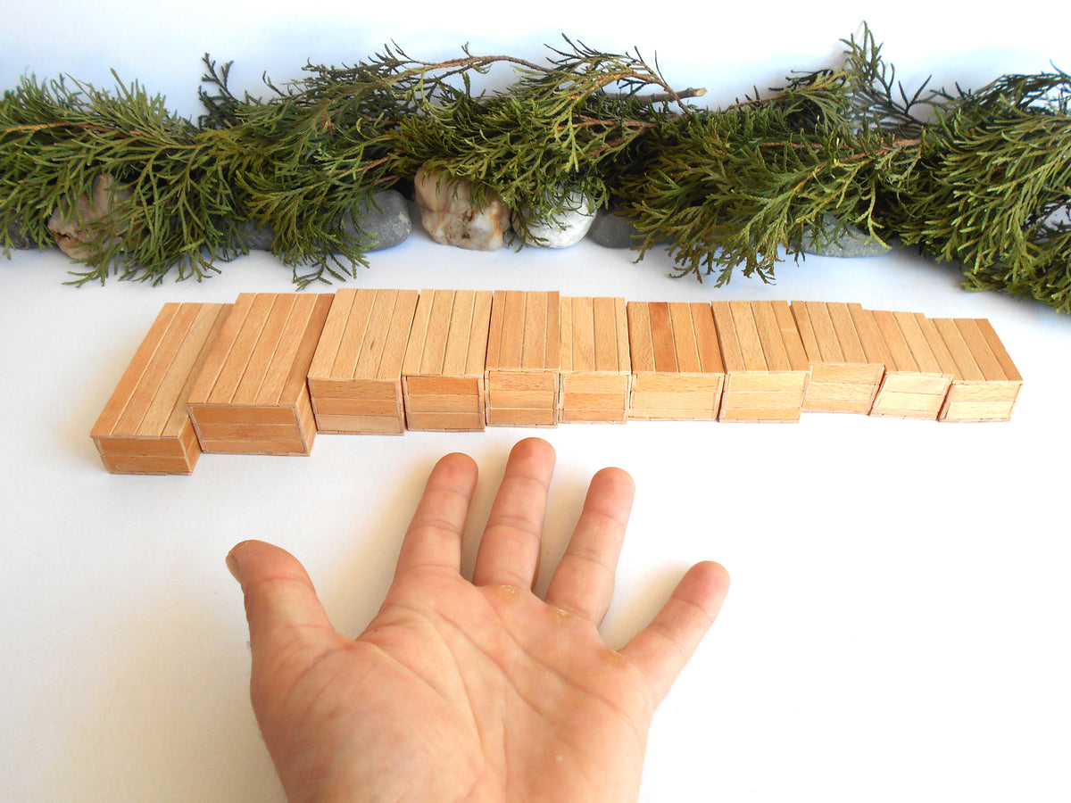 Miniature wooden box set of 11 different standard size - 1:12 scale dollhouse accessories - sellection of bigger ones - beech wood miniature boxes with lids - Set Number 28