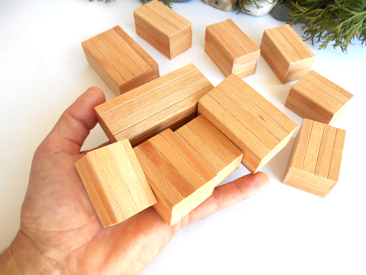 Miniature wooden box set of 11 different standard size - 1:12 scale dollhouse accessories - sellection of bigger ones - beech wood miniature boxes with lids - Set Number 28