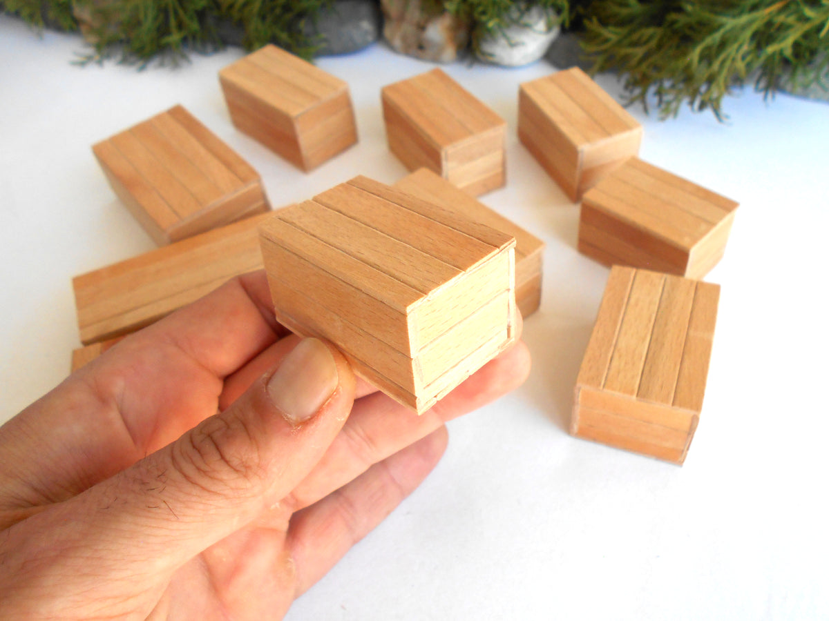 Miniature wooden box set of 11 different standard size - 1:12 scale dollhouse accessories - sellection of bigger ones - beech wood miniature boxes with lids - Set Number 28