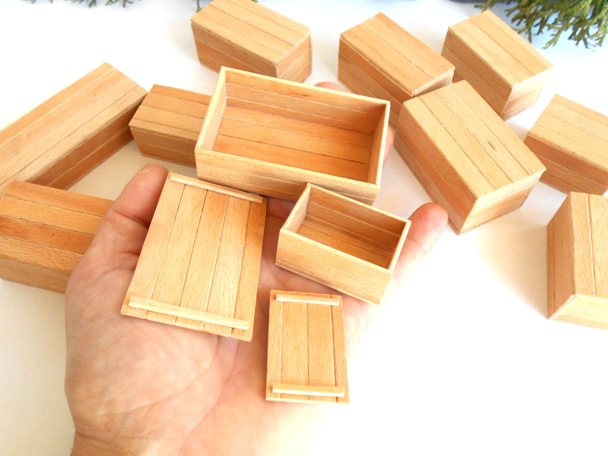 Miniature wooden box set of 11 different standard size - 1:12 scale dollhouse accessories - sellection of bigger ones - beech wood miniature boxes with lids - Set Number 28