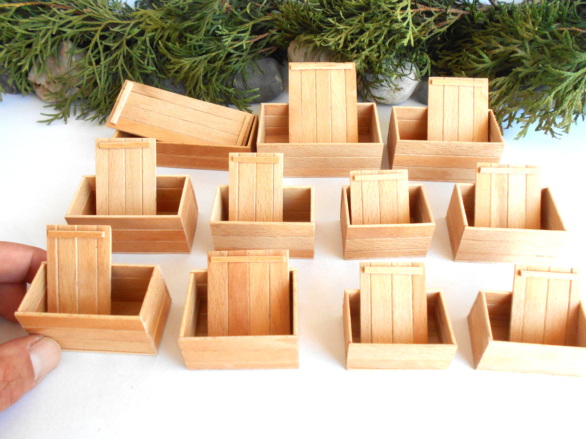 Miniature wooden box set of 11 different standard size - 1:12 scale dollhouse accessories - sellection of bigger ones - beech wood miniature boxes with lids - Set Number 28