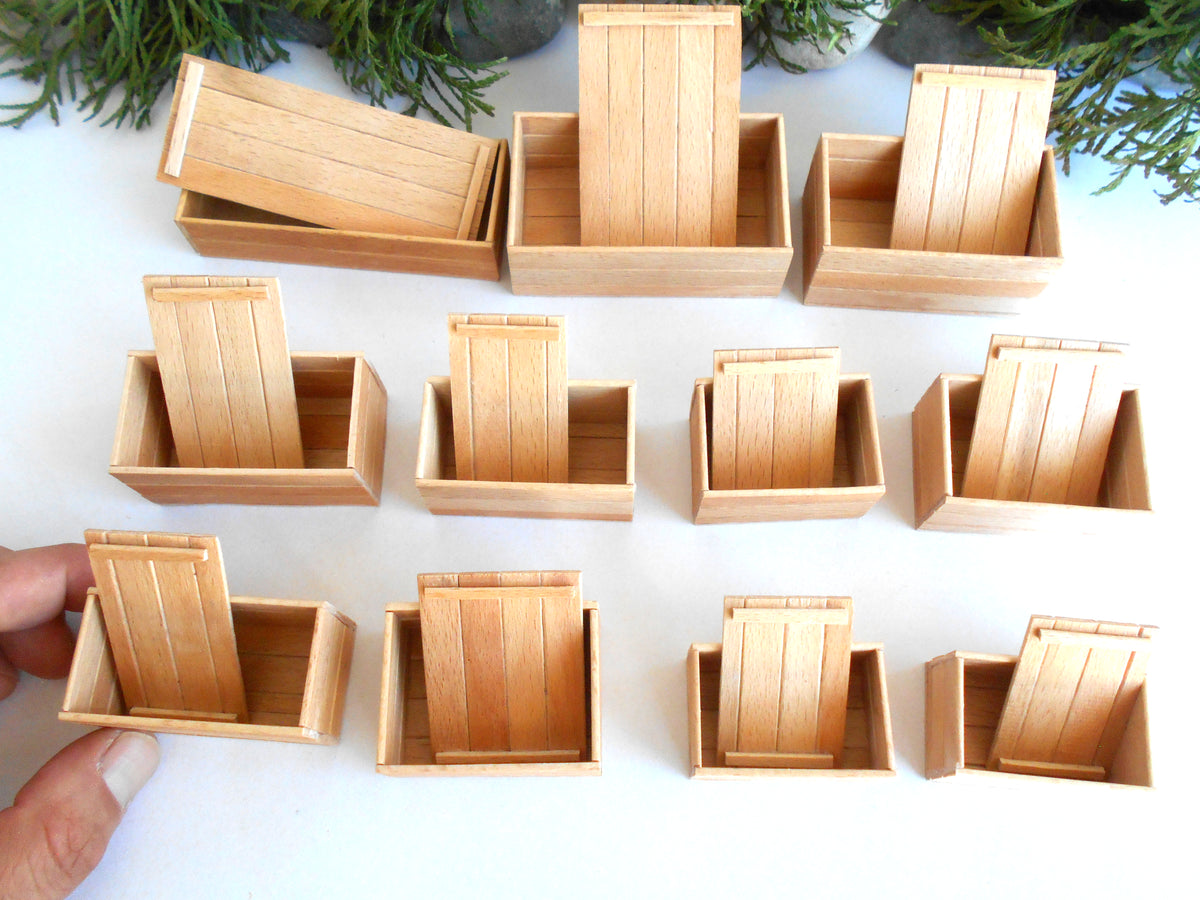 Miniature wooden box set of 11 different standard size - 1:12 scale dollhouse accessories - sellection of bigger ones - beech wood miniature boxes with lids - Set Number 28