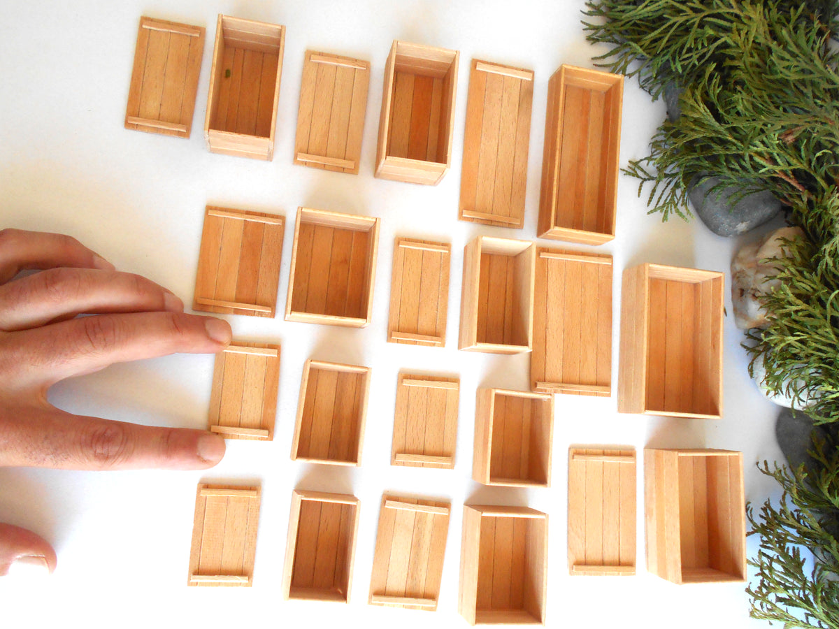 Miniature wooden box set of 11 different standard size - 1:12 scale dollhouse accessories - sellection of bigger ones - beech wood miniature boxes with lids - Set Number 28