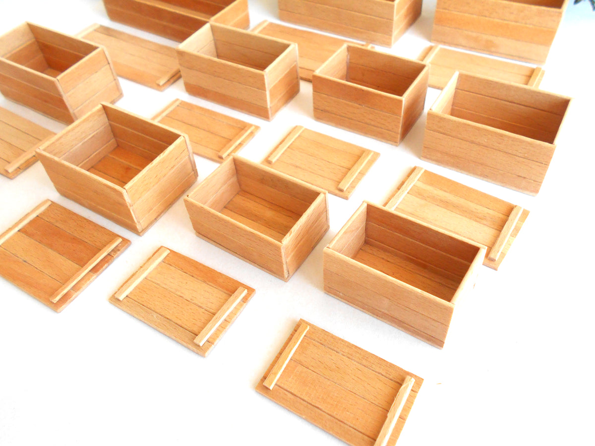 Miniature wooden box set of 11 different standard size - 1:12 scale dollhouse accessories - sellection of bigger ones - beech wood miniature boxes with lids - Set Number 28