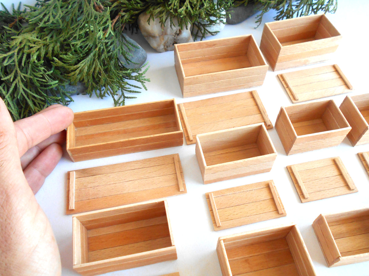Miniature wooden box set of 11 different standard size - 1:12 scale dollhouse accessories - sellection of bigger ones - beech wood miniature boxes with lids - Set Number 28