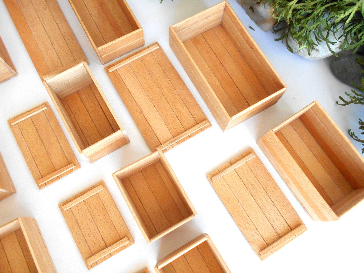 Miniature wooden box set of 11 different standard size - 1:12 scale dollhouse accessories - sellection of bigger ones - beech wood miniature boxes with lids - Set Number 28