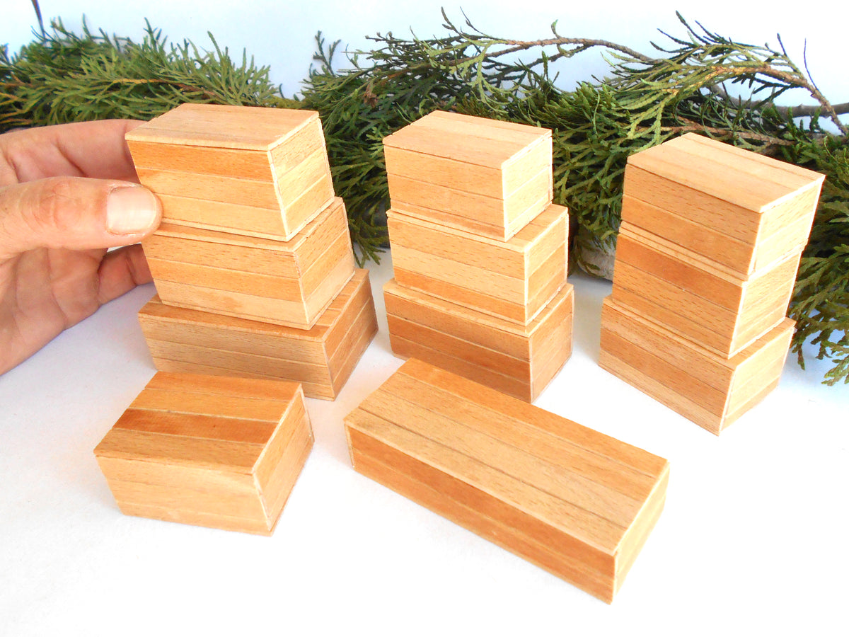 Miniature wooden box set of 11 different standard size - 1:12 scale dollhouse accessories - sellection of bigger ones - beech wood miniature boxes with lids - Set Number 28