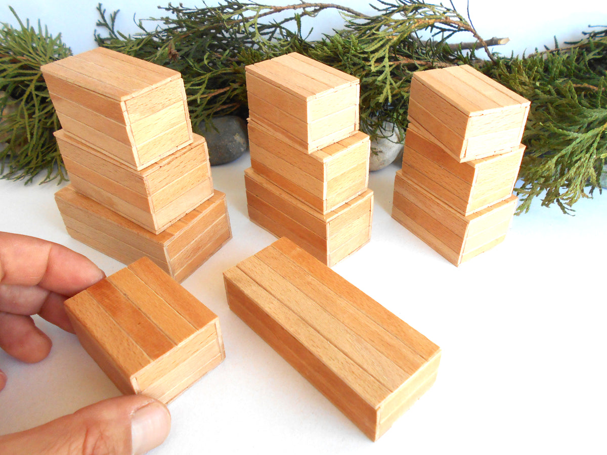 Miniature wooden box set of 11 different standard size - 1:12 scale dollhouse accessories - sellection of bigger ones - beech wood miniature boxes with lids - Set Number 28