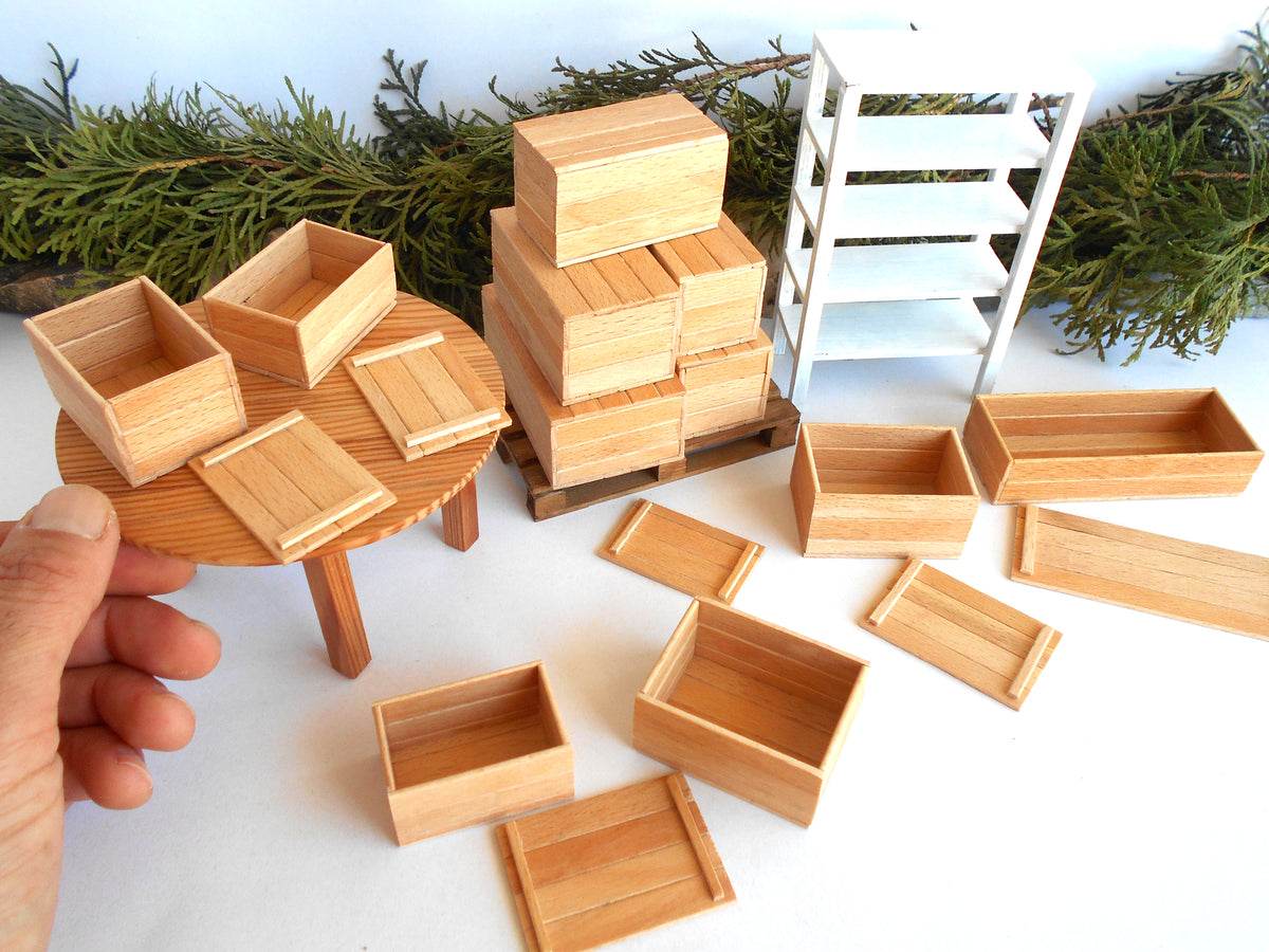 Miniature wooden box set of 11 different standard size - 1:12 scale dollhouse accessories - sellection of bigger ones - beech wood miniature boxes with lids - Set Number 28
