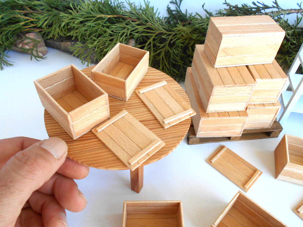 Miniature wooden box set of 11 different standard size - 1:12 scale dollhouse accessories - sellection of bigger ones - beech wood miniature boxes with lids - Set Number 28