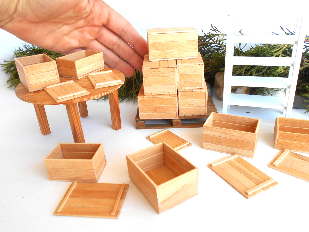 Miniature wooden box set of 11 different standard size - 1:12 scale dollhouse accessories - sellection of bigger ones - beech wood miniature boxes with lids - Set Number 28