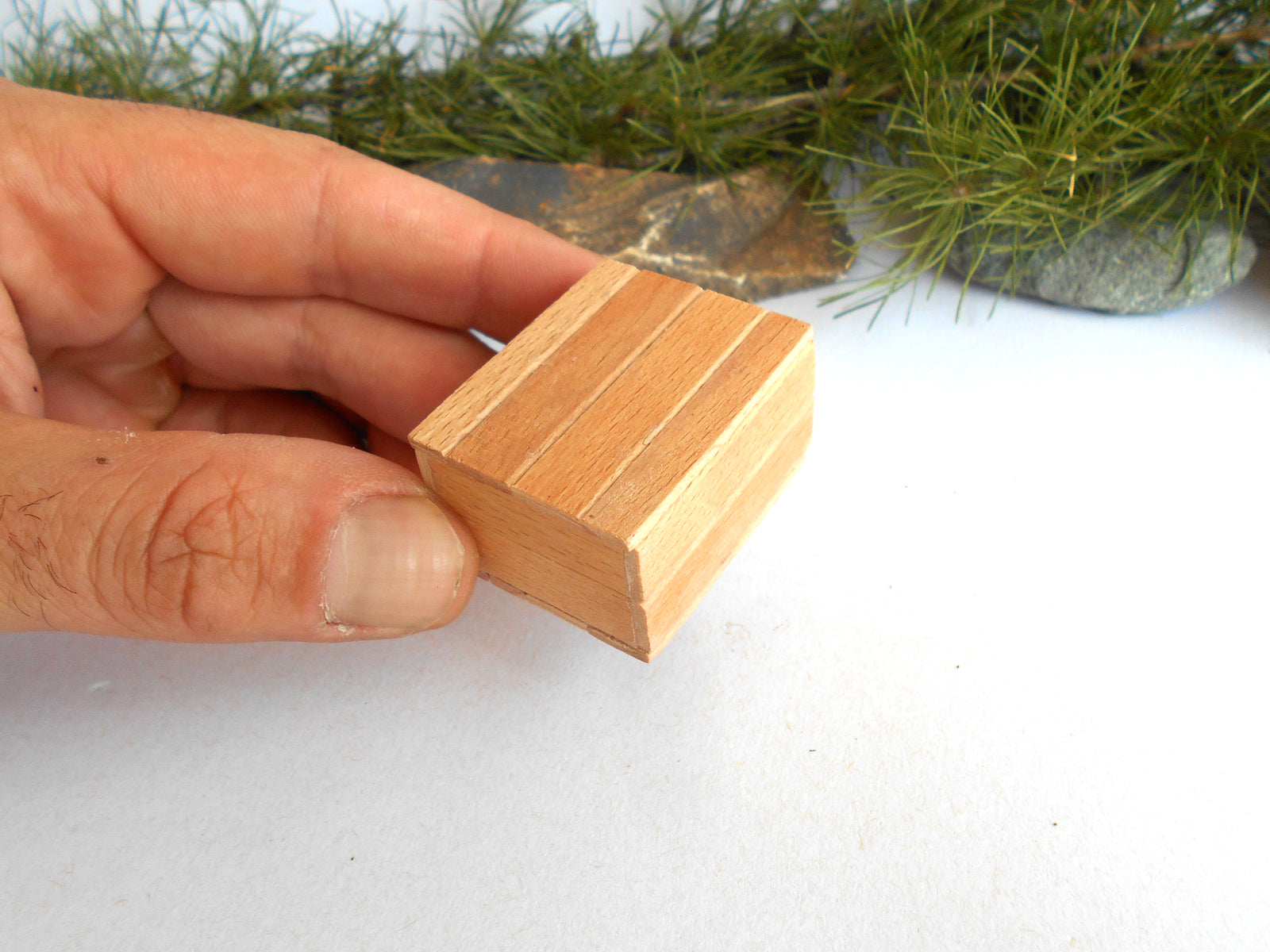 A hand holding a small, square, light brown wooden miniature box with three parallel grooves on its top surface, set against a white background with blurred green pine branches.