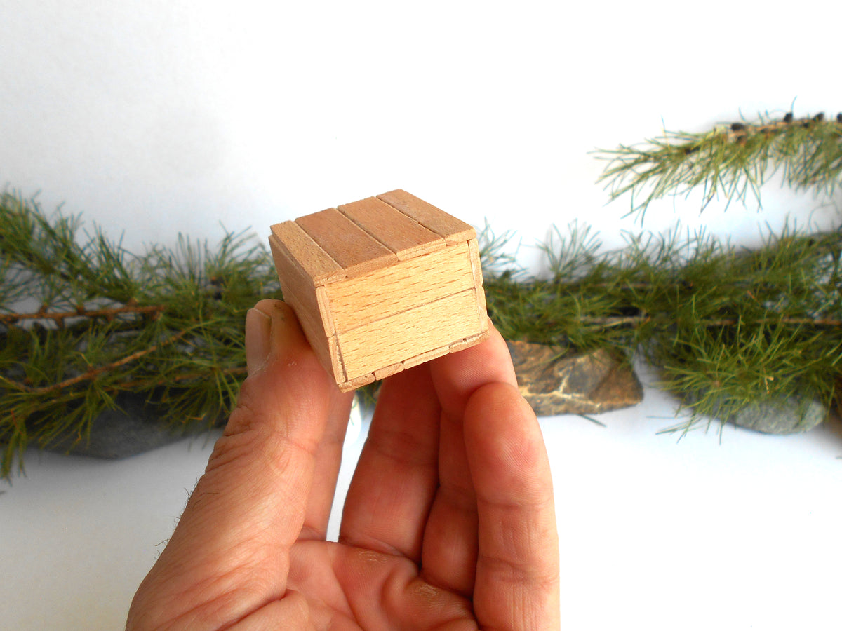 A small rectangular wooden block with three raised horizontal grooves, held in an open hand. The background is a white surface with blurred green pine branches and small rocks.