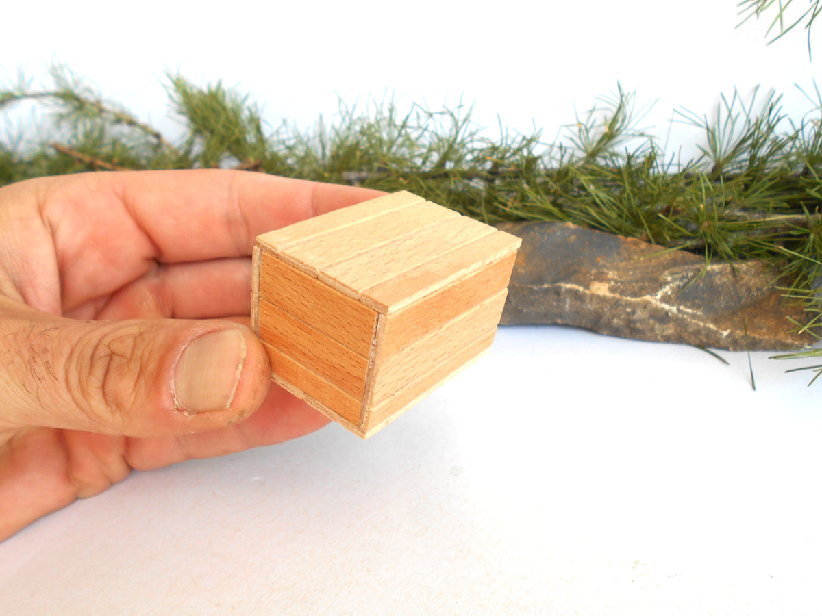 A hand holding a small, square, unfinished wooden box with visible wood grain, set against a white background with pine branches and a piece of bark in the blurred background.